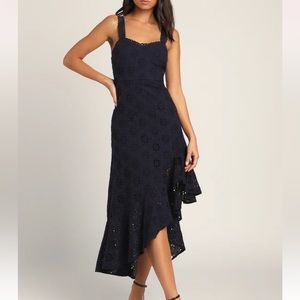 Lulus Navy High Low Eyelet Lace Midi Dress Size XS NWT